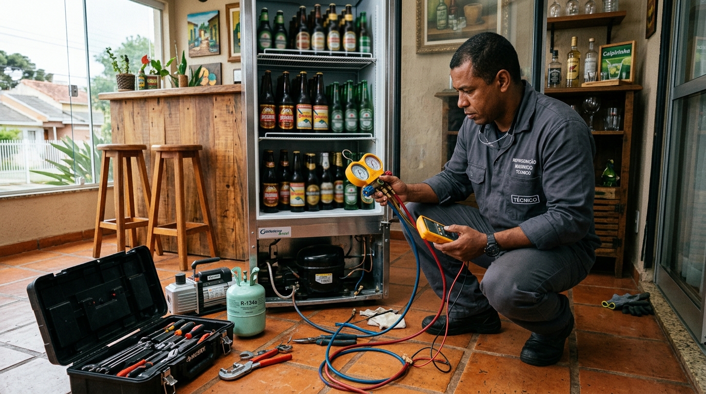Profissional executando reparo no motor de cervejeira em Porto Alegre‑RS