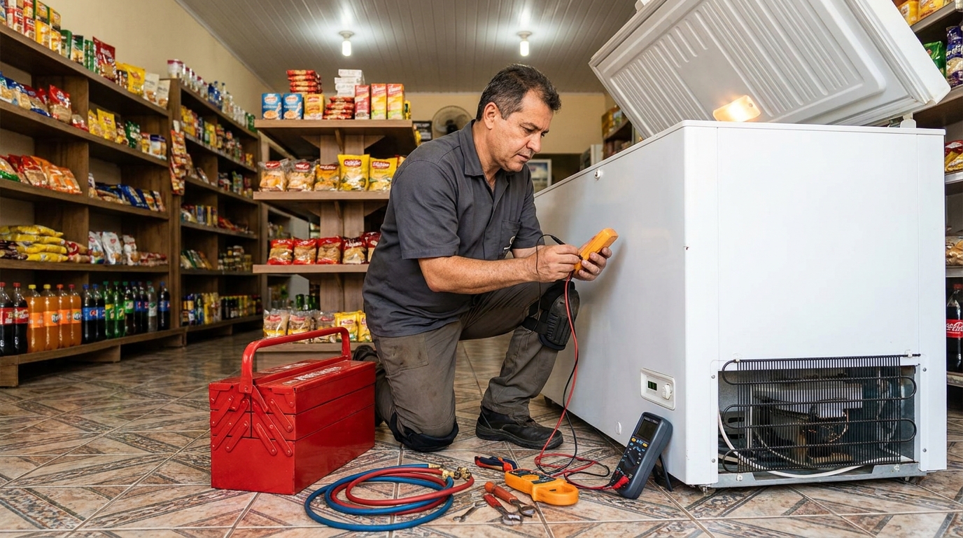 Recarga de gás refrigerante no freezer durante atendimento em Porto Alegre‑RS